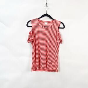 2/$30 J. Crew XS Womens Orange White Striped Cold Shoulder Short Sleeve Top